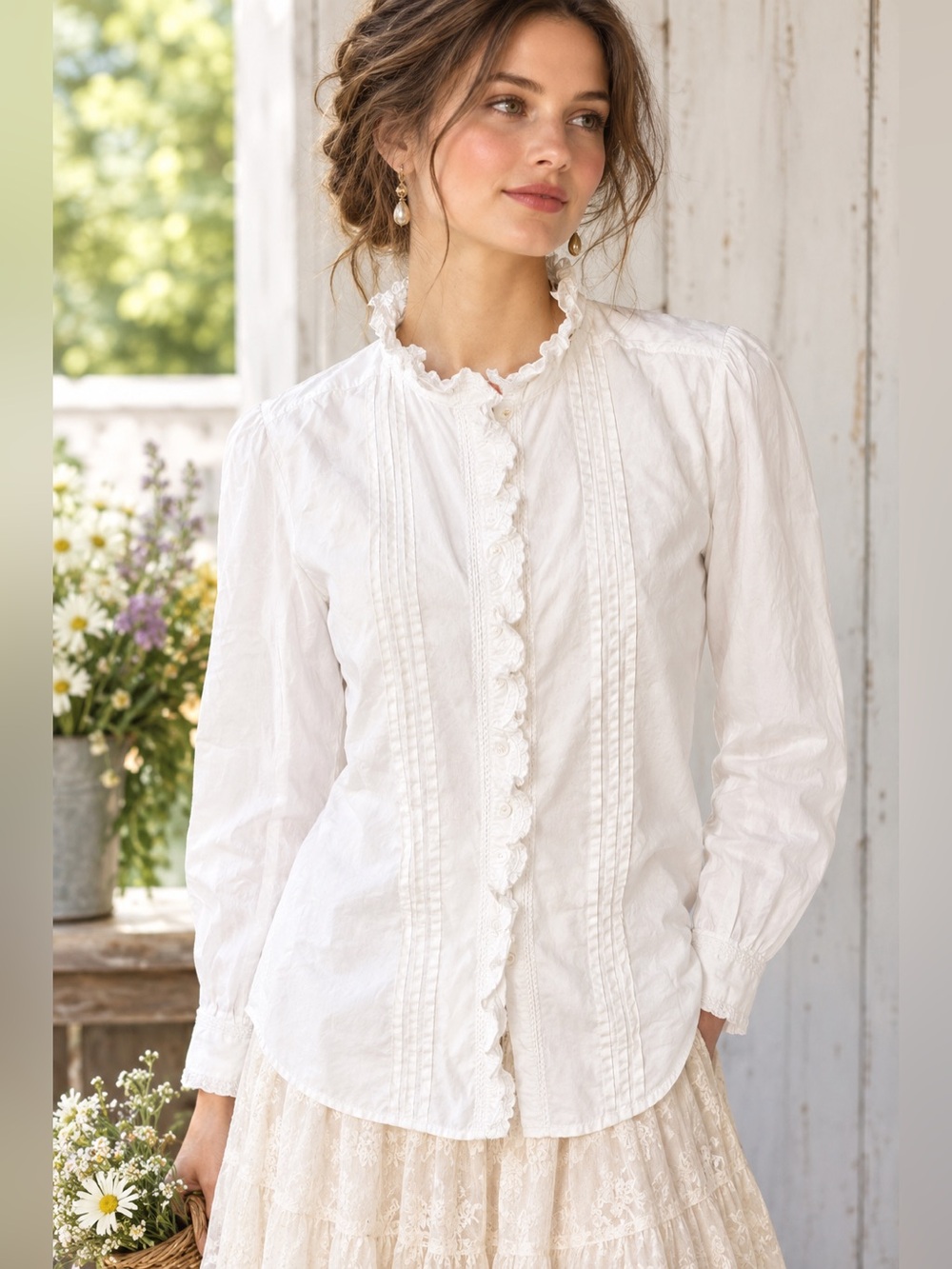 Sundance Romantic White Ruffle Pintuck Button Front Blouse Cottagecore Victorian
